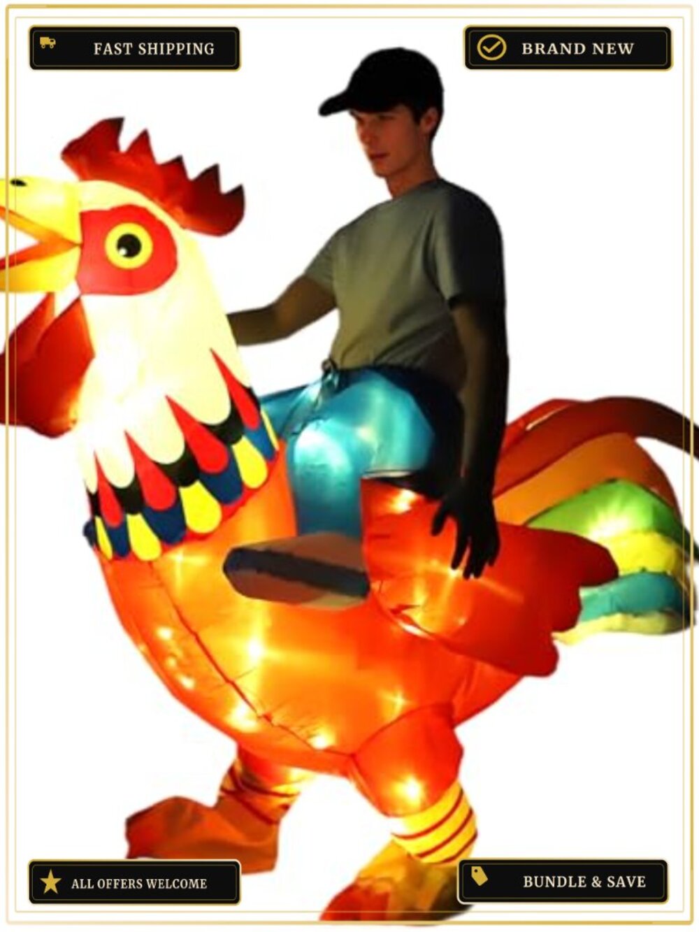 Adult Inflatable Chicken Costume LED Light Up Rooster Blow Up Suit Halloween